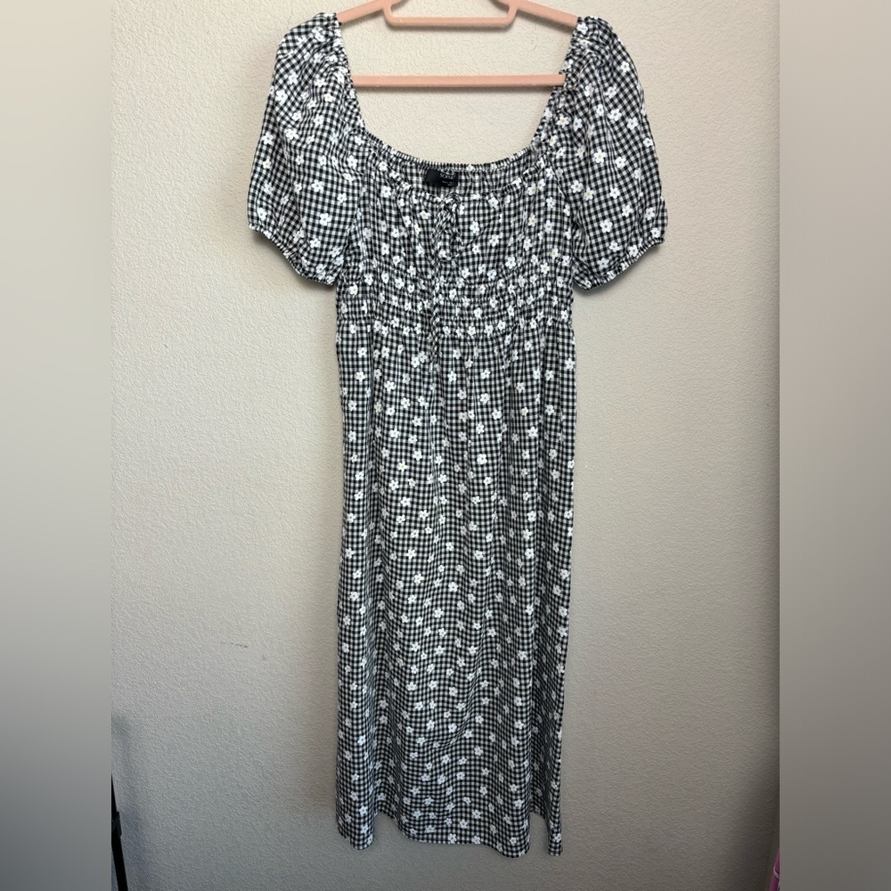 Sophie Rue Puff Sleeve Smocked Waist 90s Gingham Daisy Print Midi Dress S - Picture 9 of 9